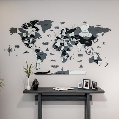 Houten Wereldkaart - Wanddecoratie Kaart - Wanddecoratie Thuis - 3D Gelaagd Ontwerp - 100 x 54 cm - Grijs