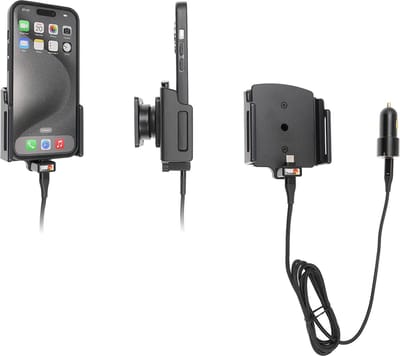 Brodit houder geschikt voor Apple iPhone 15/16/17 (Pro , Actieve verstelbare houder met 12V USB SIG-Plug 70-83mm, dikte 8-12 mm