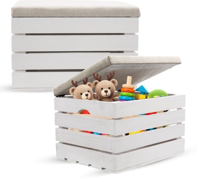 Muntel® Speelgoedkist - Opbergkist - Zitbank - Schoenbank - Speelgoedbank - Speelgoedopberger - Opbergkoffer - Poef - Wit - Hout - 42 X 50 X 33 Cm
