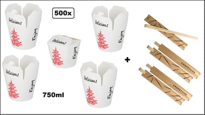 500x Wok to Go beker Enjoy 750ml karton wit + 500x Bamboe chopsticks eetstokjes 21cm in hoesje - Bami noodles festival diner food wokbeker
