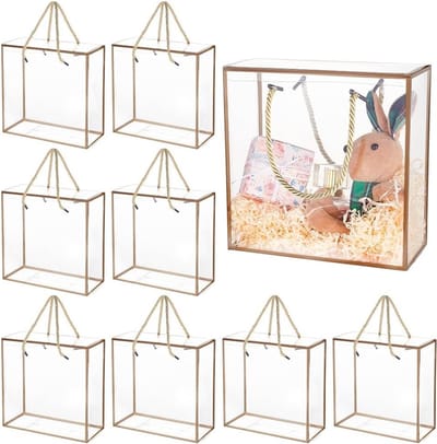 10 Stuks Heldere PET Plastic Cadeau Dozen 20x20x9cm met Gouden Rand en Handvat, Geschikt voor Moederdag, Verjaardagsfeest en Bruiloften