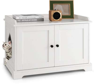 COSTWAY Kattenkast, kattentoilet, kattenhuis met dubbele deuren, ingang en krabplank, bijzettafel met verstelbare scheidingswand, kattenmand, kattenbak, kast, voor katten, honden, huisdieren, wit