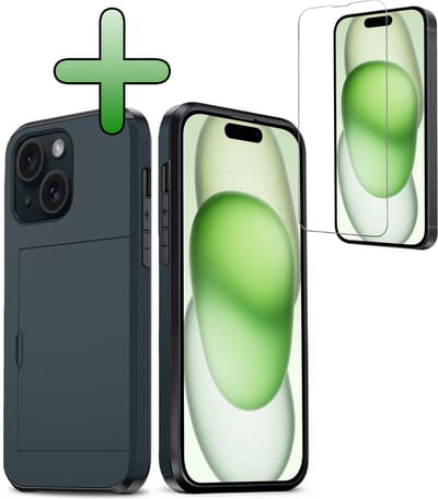 Hoes Geschikt voor iPhone 15 Hoesje Hard Case Met Pas Houder Met Screenprotector - Hoesje Geschikt voor iPhone 15 Hoes Shockproof Hard Cover Met Kaarthouder - Donkerblauw