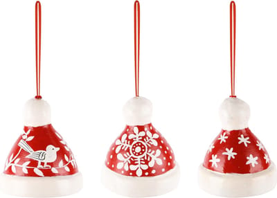 Dekoratief | Hanger mutsje m/ster/vogeltje, rood/wit, karton, 7x7x9cm, set van 3 stuks | A248195