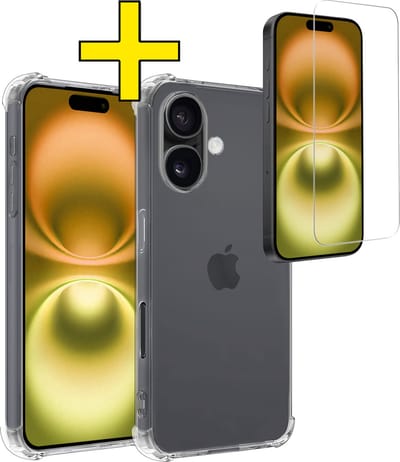 Hoesje - Met Screenprotector - Geschikt voor Apple iPhone 16 - Sterk & Shockproof - Siliconen Case - Back Cover - Telefoon Hoes - Shock Proof - Telefoonhoesjes - Transparant