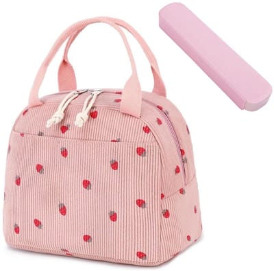 Dailygoods- Lunchtas Aardbei - Geïsoleerd - Draagbare Bestekdoos - Roze - Corduroy Fluweel - 26 x 19 x 18 cm - Lunchbox