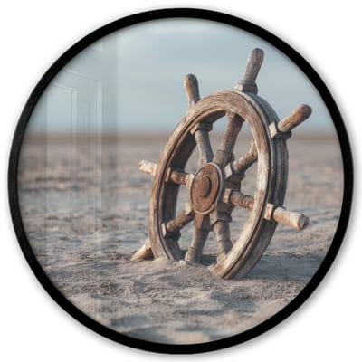 Poster in lijst Rond - Fotolijst 40x40 cm - Posters - Scheepsstuur - Hout - Bruin - Zand - Ronde posterlijst zwart - Decoratie - Wanddecoratie woonkamer - Muurdecoratie slaapkamer