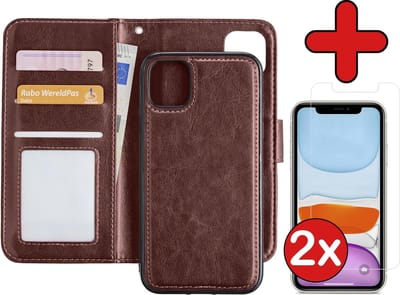 Hoesje - 2 in 1 - Geschikt voor Apple iPhone 11 - Met 2x Screenprotector - En Uitneembare Hard Cover - Kunstleer - Bookcase - Wallet Case - Met Pasjeshouder - Book Case - Uitneembaar - Pashouder - Kunstleer - Telefoonhoes - Bruin