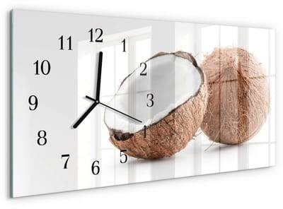 Tulup Wandklok - Kokosnoten Klok Glas Met Opdruk - 60x30 cm - Bruin Moderne Wandklok Glas - Zwarte Handen - Rechthoekige Wandklok - Gekleurde Glazen Klok - Glazen Klok Met Print