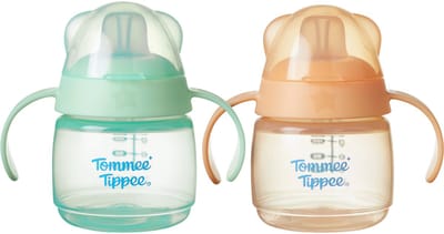 Tommee Tippee tuitbeker - 2 stuks- 150 ml - lekvrije oefenbeker met een bijtvaste tuit - voor peuters 4m+ - groen en oranje