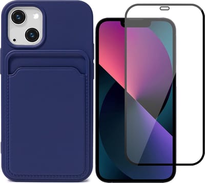 Hoesje Pasjeshouder geschikt voor iPhone 13 Blauw - Siliconen Case Back Cover + Full Screen Protector Glas Screenprotector
