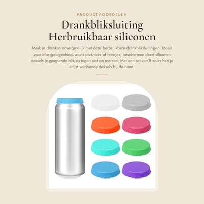 Dailygoods- Drankbliksluiting 8 stuks - Siliconen Blikdeksel - Herbruikbare Bliksluiting - Voorkomt Morsen - Vaatwasmachinebestendig - Houdt Dranken Fris