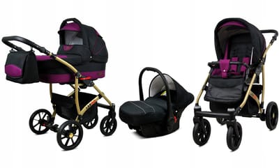 BabyLux® Kinderwagen 3in1 – LARGO - BLACK PURPLE GOLD FRAME - Opklapbare Wandelwagen incl. Reiswieg, Multifunctionele Buggy Sportstoel, Autostoel - Combi-kinderwagen met Luiertas, Regenhoes, Klamboe, Bekerhouder, etc.