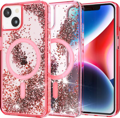 Hoesje geschikt voor iPhone 14 Roze Transparant MagSafe - Met Bewegende Glitters - Glitter Hoes