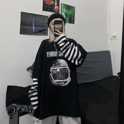 T-shirt Imprimé Automne Femme Style Harajuku Ample Décontracté Col Rond Haut à Manches Longues M noir