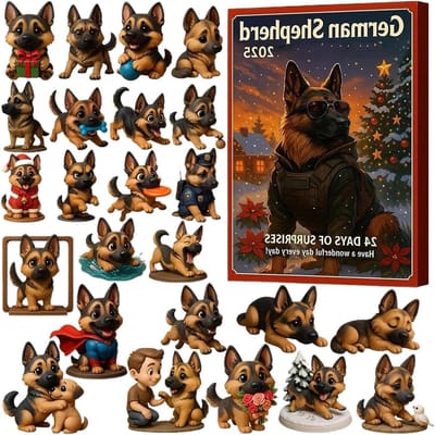Adventskalender Duitse Herder - Kerst Aftelkalender - Feestdagen Decoratie - 24 Acryl Ornamenten - 26x18x3 cm - Meerkleurig