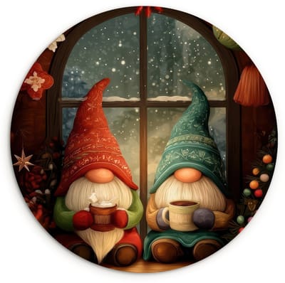 WallCircle® Wandcirkel 120x120 cm - Muurcirkel Gnooms - Kerst - Raam - Kleurrijk - Muurdecoratie woonkamer - Wanddecoratie slaapkamer - Kamer decoratie accessoires - Ronde schilderijen XXL