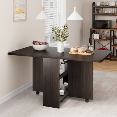 Eettafel Opvouwbaar - 130x80x75cm - Uitschuifbare Keukentafel met Drop Leaf en 6 Wieltjes - Ruimtebesparend voor 2 Personen - 2 Lagen Opbergrekken - Voor Eetkamer of Woonkamer - Walnootkleur