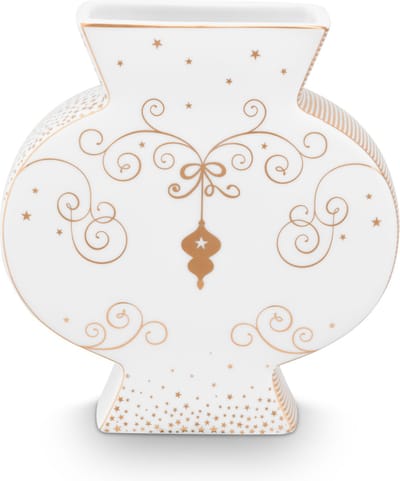 Pip Studio Royal Winter White Vaas Plat Wit met gouden krullen Hoogte: 16cm Kerst Vaas