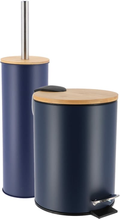 Tendance Badkamerset prullenbak en toiletborstel - Bamboo vibe - soft close - donker blauw - 3 liter - metaal