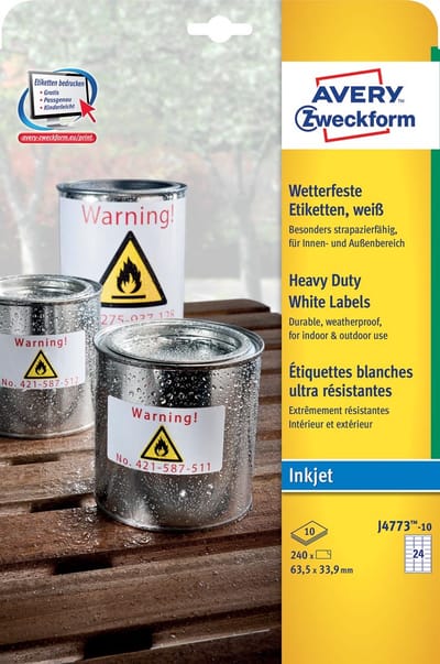 Avery Zweckform J4773-10 weerbestendige etiketten ft 63,5 x 33,9 mm (b x h), 2.400 etiketten, wit 5 stuks