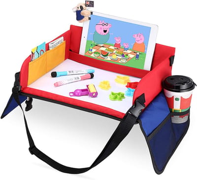 VIN® Reistafel voor Kinderen - Tablethouder – Inklapbare Autotafel – Speeltafel Auto Met Zijvakjes - Opvouwbare Reistafel - Auto Organizer Kinderen - Tekentafel Auto – rood/blauw