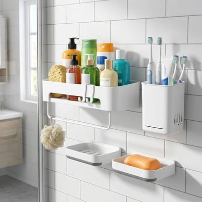 Badkamer Organiser Set van 4 Stukken - Roestvrij ABS Plastic Douche Caddy met Zelfklevende Wandopslag, Zeepdispenser en Tandenborstelhouder, Wit en Praktisch voor Badkameropslag