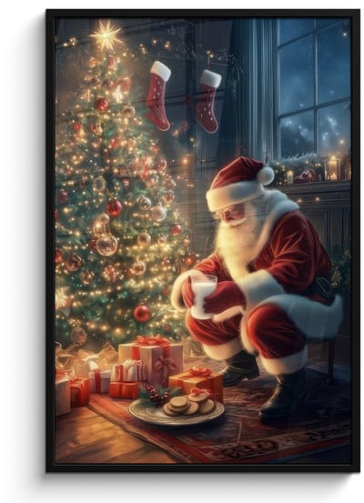 Poster in lijst - Fotolijst 80x120 cm - Posters - Kerstman - Haard - Donker - Posterlijst zwart - Decoratie - Wanddecoratie woonkamer - Muurdecoratie slaapkamer - Kerstversiering - Kerstdecoratie voor binnen - Kerstmis