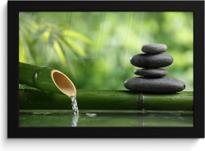 Poster in lijst - Fotolijst 30x20 cm - Posters - Zen - Stenen - Groen - Natuur - Bamboe - Posterlijst zwart - Wanddecoratie badkamer - Muurdecoratie WC - Decoratieve accessoires - Toilet muur decoratie