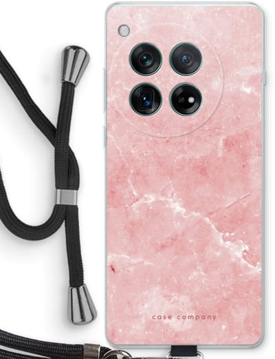 Case Company® - Hoesje met koord geschikt voor OnePlus 12r hoesje met Koord - Roze marmer - Telefoonhoesje met Zwart Koord - Bescherming aan alle Kanten en Over de Schermrand