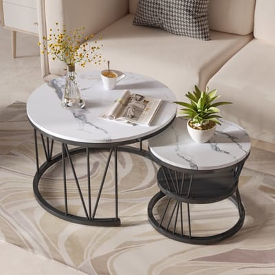 Set van 2 moderne ronde salontafels, stijlvolle bijzettafels met opbergruimte, V-vormig onderstel, modern meubel voor de woonkamer, L 70 x 70 x 44,5 cm, S 45 x 45 x 36,5 cm