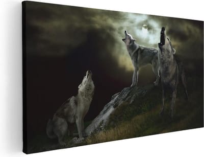 Artaza Canvas Schilderij Wolf - 40x20 cm - Klein - Wanddecoratie Wolven - Muurdecoratie Volle Maan - Schilderijen Op Canvas Dieren
