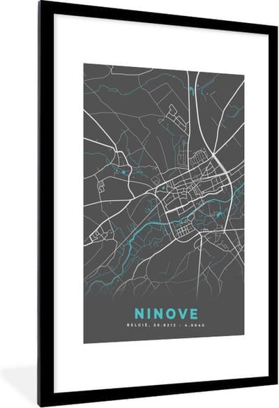 Fotolijst incl. Poster - België – Ninove – Stadskaart – Kaart – Grijs – Plattegrond - 60x90 cm - Posterlijst
