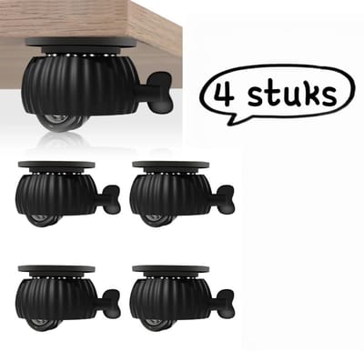 Set van 4 - Zelfklevende wielen - Kogelgelagerde wielen, Boorvrij meubilair - Nachtkastje met dragende wielen, Verplaatsbare basis met remmen, Stille wielen - Zwart