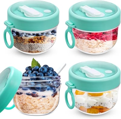 KZQ Verpakking met 4 potjes overnight havermout met deksels en lepels; plastic potjes overnight havermout van 567 gram; luchtdichte yoghurtpotjes; ook geschikt voor het bewaren van melk, fruit, granola en salades (groenten).