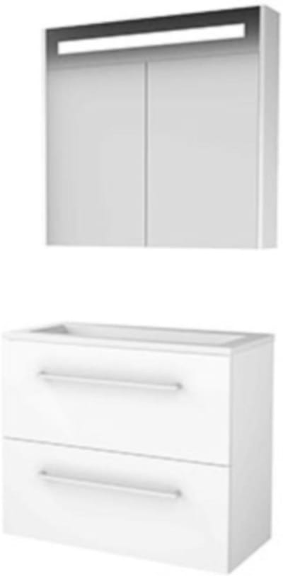 Basic-Line Premium 39 Badkamermeubelset - Ondiep - 80 x 39 cm - Met Grepen - 2 Lades - Acryl Wastafel - Zonder Kraangat - Spiegelkast met LED Verlichting - Ice White