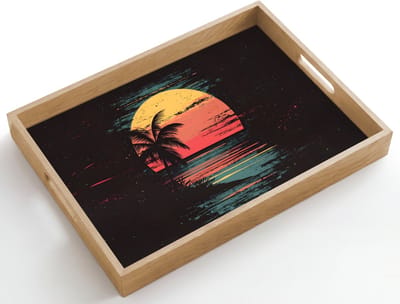 Dienblad hout 50x35 cm - Schootdienblad - Strand - Minimalistisch - Zon - Oranje - Borrelplank rechthoek - Plateau dienbladen