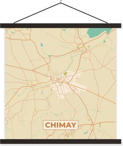 Posterhanger incl. Poster 60x60 cm - Schoolplaat - Stadskaart - Plattegrond - Kaart - België - Chimay - Textielposter - Zwarte latten - Stadskaart