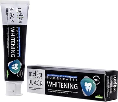 MELICA ORGANIC Biologisch 98% Natuurlijke WHITENING BLACK CHARCOAL BIO TANDPASTA HOUTSKOOL met XYLITOL, CITRUSOLIE voor witte tanden zonder Fluoride, SLS, SLES, parabenen 100ml