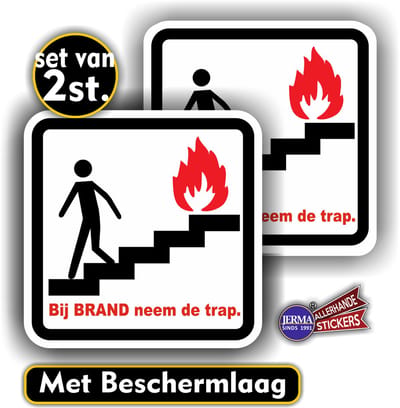 Jerma - Bij brand neem de trap - Sticker set - 2 st - 14x14 cm - Krasbestendig - Zelfklevend - Vinyl