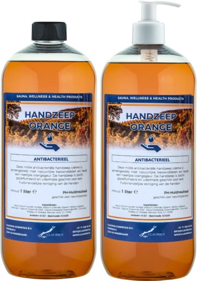 Handzeep Orange 1 liter - set van 2 stuks - met gratis pomp - Voordeelverpakking