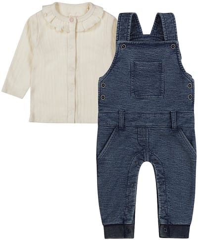Dirkje - Basic Collection - BIO COTTON - Tuinbroek Blauw - Shirt Blouse Offwhite met knoopjes - Maat 56
