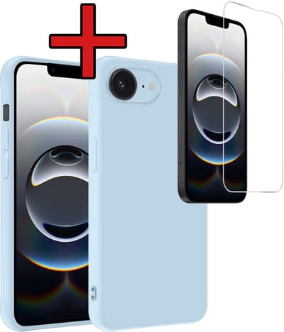 Hoesje - Met Screenprotector - Geschikt voor Apple iPhone 16e / 17e - Sterk & Shockproof - Telefoon Hoes - Back Cover - Siliconen Case - Telefoonhoes - Lichtblauw