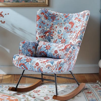 HomeMiYN Schommelstoel – Linnen Look Paardenbloem Design Rocking Chair – Zachte Bloemen Fauteuil – Comfortabele Wipstoel met Hoge Rugleuning voor Woonkamer en Slaapkamer