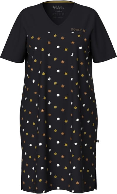 Ulla Popken - Dames - Bigshirts bloemen borduursel V-hals korte mouw - Zwart - Maat 42+