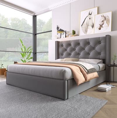 MEUNIQ gestoffeerd tweepersoons bed 140x200 cm met hydraulische opbergruimte, lattenbodem en gevoerd hoofdbord, bedframe voor slaapkamer, grijs