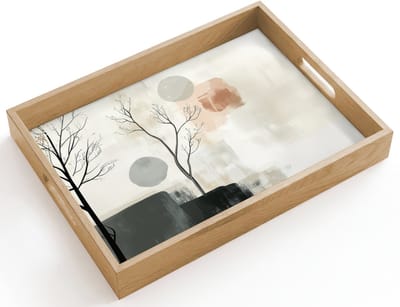 Dienblad hout 40x30 cm - Schootdienblad - Wabi sabi - Beige - Plant - Borrelplank rechthoek - Plateau dienbladen