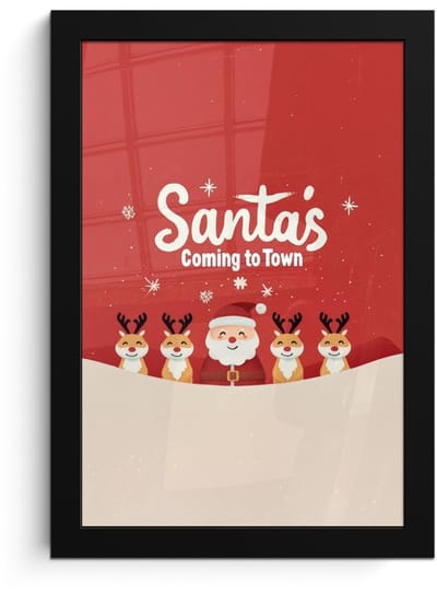 Poster in lijst - Fotolijst 20x30 cm - Posters - Illustratie - Kerstman - Rendieren - Rood - Posterlijst zwart - Decoratie - Wanddecoratie woonkamer - Muurdecoratie slaapkamer - Kerstversiering - Kerstdecoratie voor binnen - Kerstmis