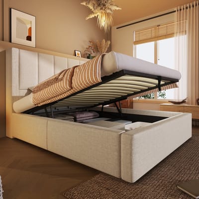 MODFU Gestoffeerd Bed - Verborgen Bekerhouder En Oplaadstation - Hydraulisch Met Opbergruimte - Inclusief Lattenbodem - Linnen - Beige - 90 X 200 Cm