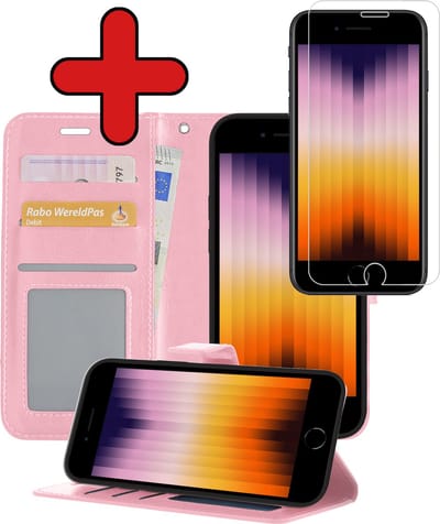 Hoesje - Met Screenprotector - Geschikt voor Apple iPhone SE (2022) - Luxe Pasjeshouder - Flipcase - Bookcase Portemonee - Flip Case - Kunstleer Book Case - Book Cover - Walletcase - Portemonneehoes - Telefoonhoes - Lichtroze